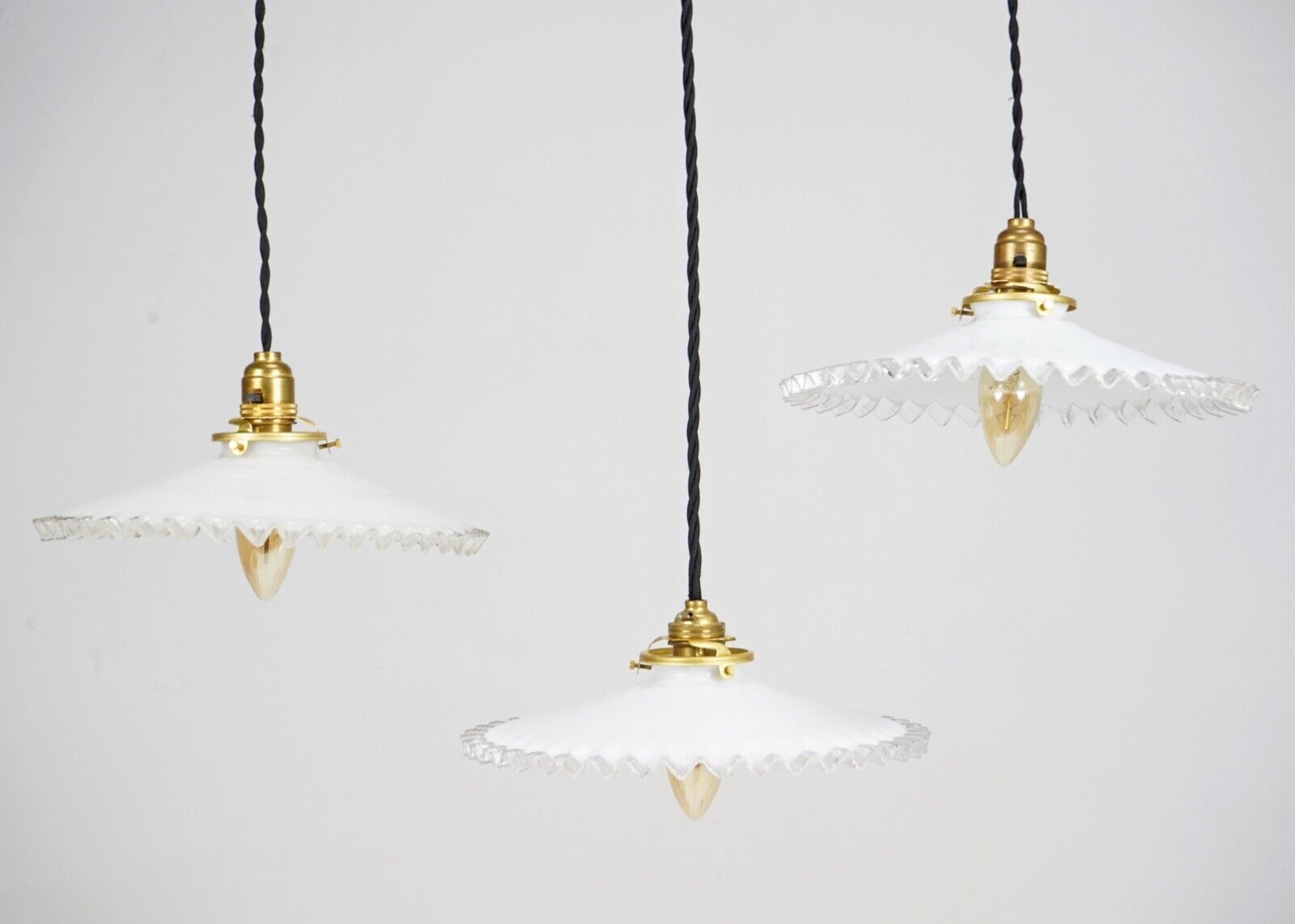 Vintage French Glass Cone Pendant Light Shade White