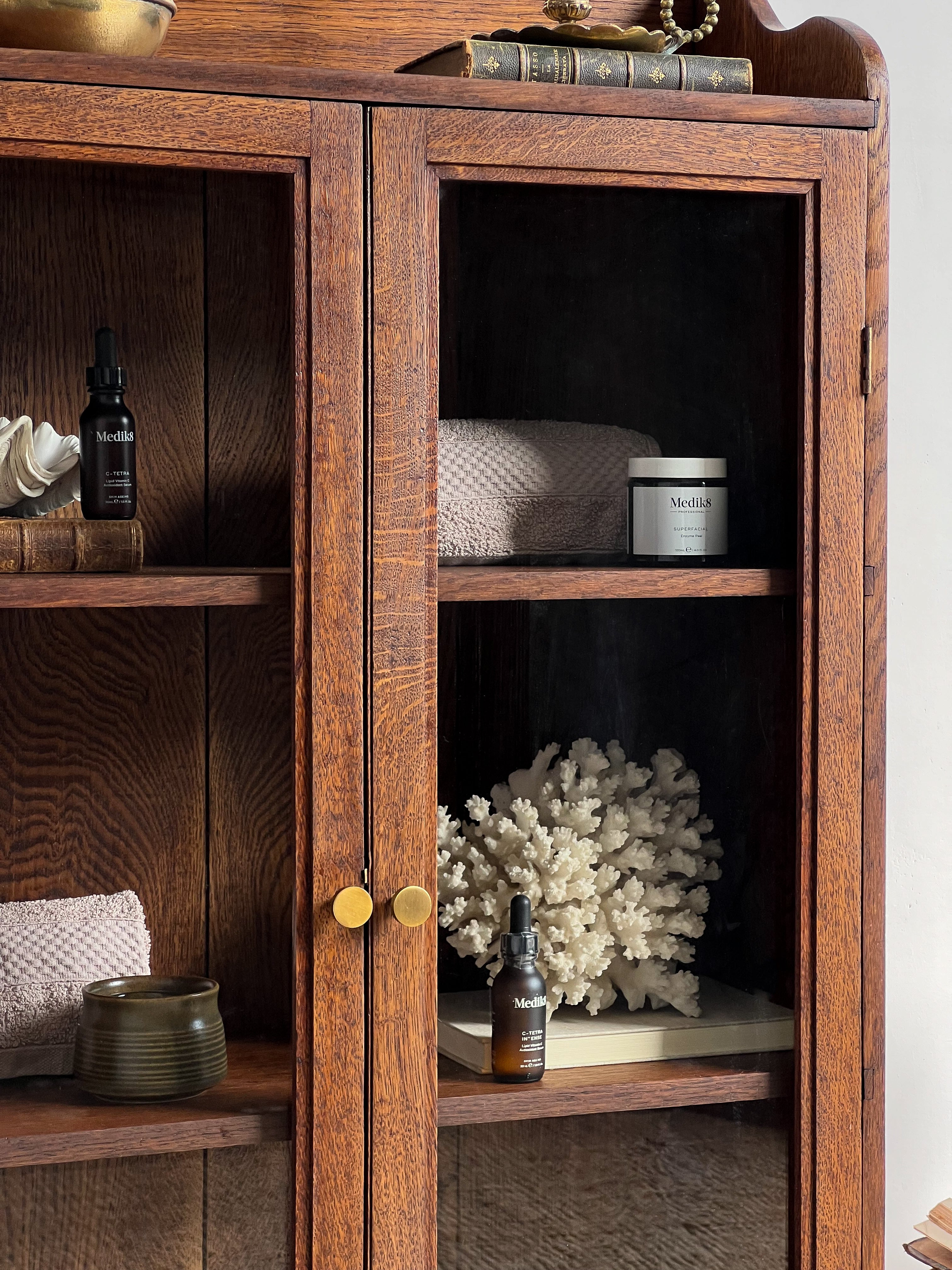Antique Brown Oak & Glass Cabinet
