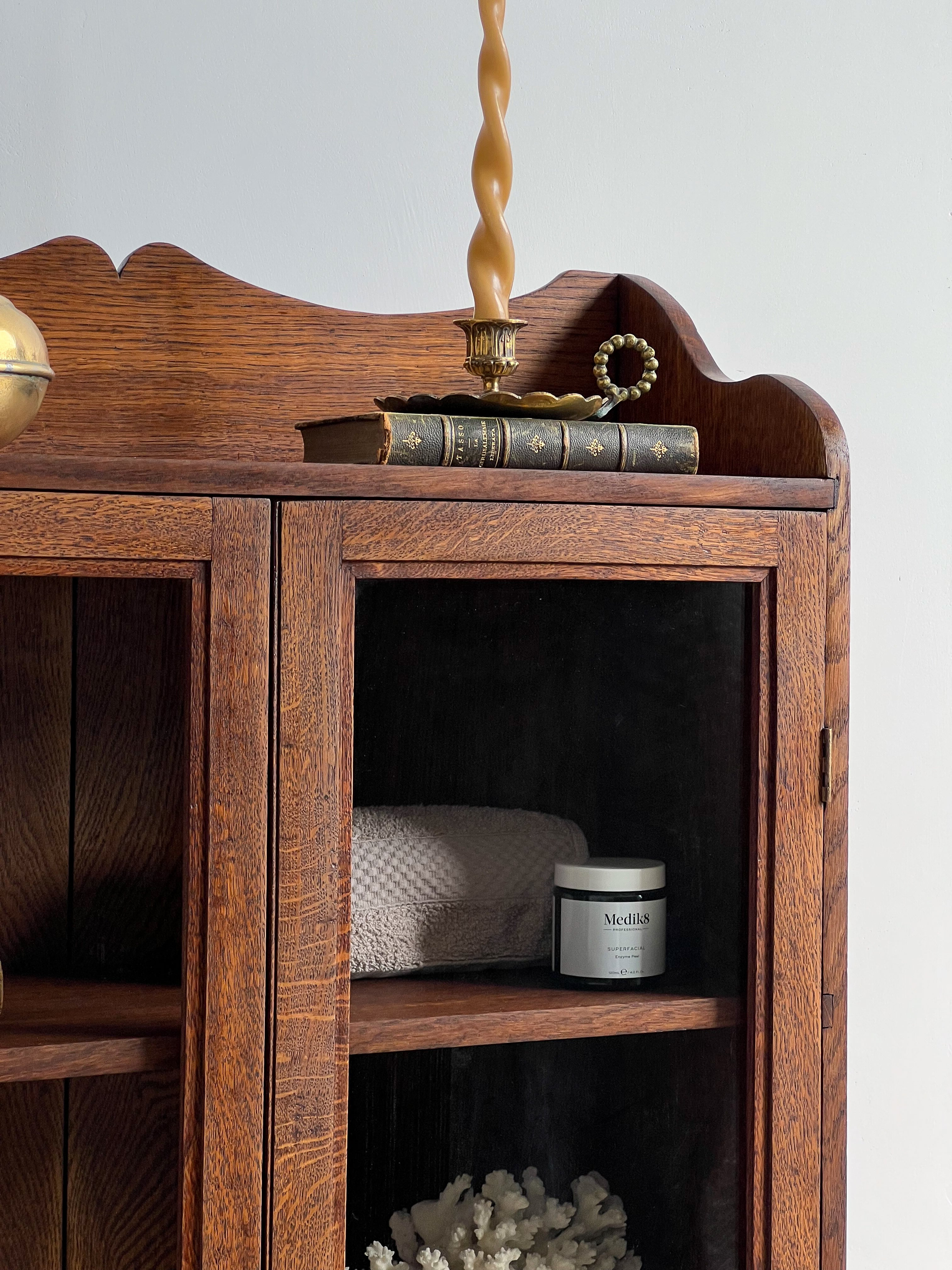 Antique Brown Oak & Glass Cabinet