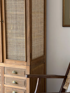 Vintage Solid Teak & Rattan Cabinet