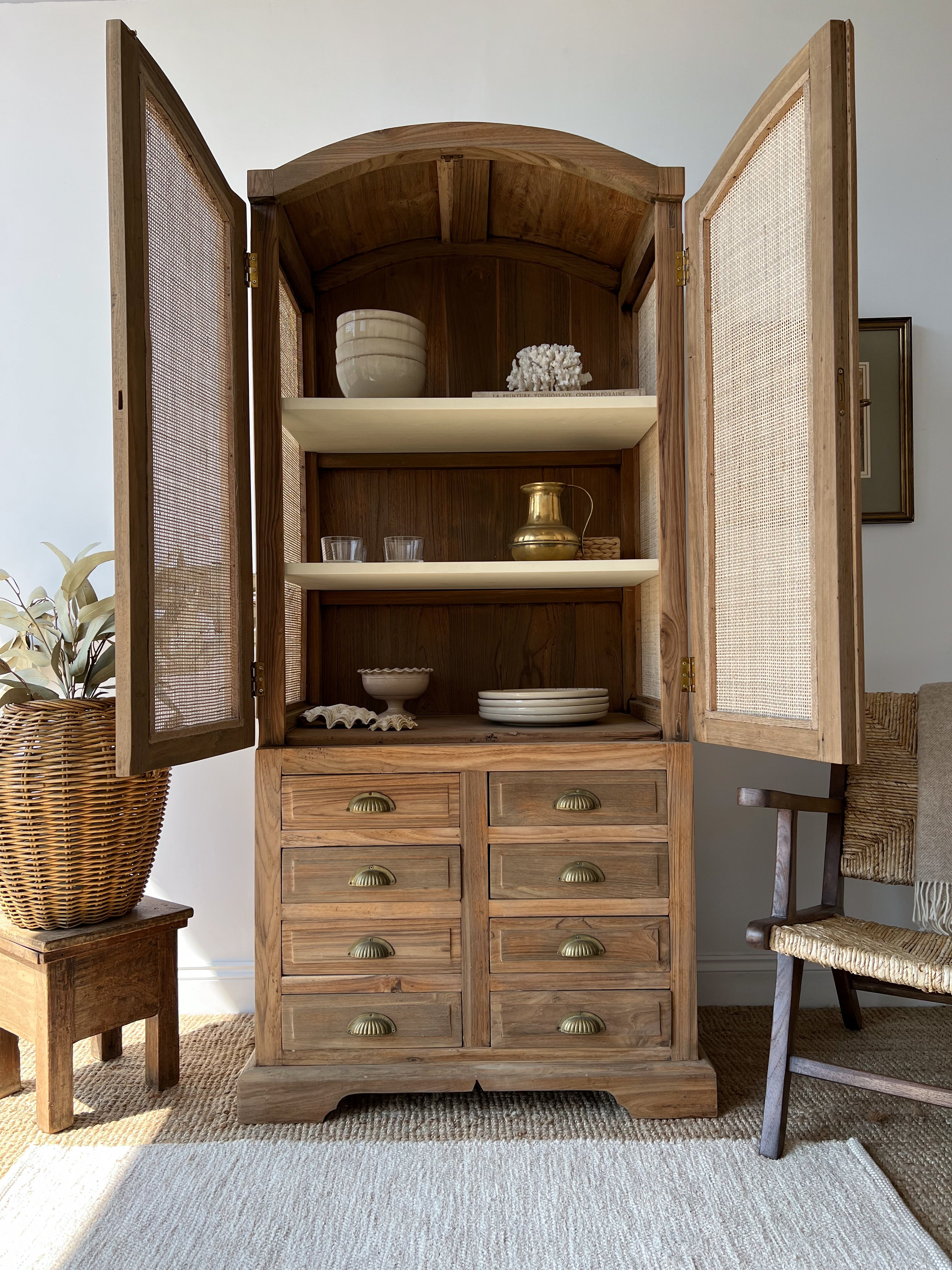 Vintage Solid Teak & Rattan Cabinet