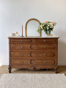 Antique French Solid Oak Chest of Drawers with Marble Top