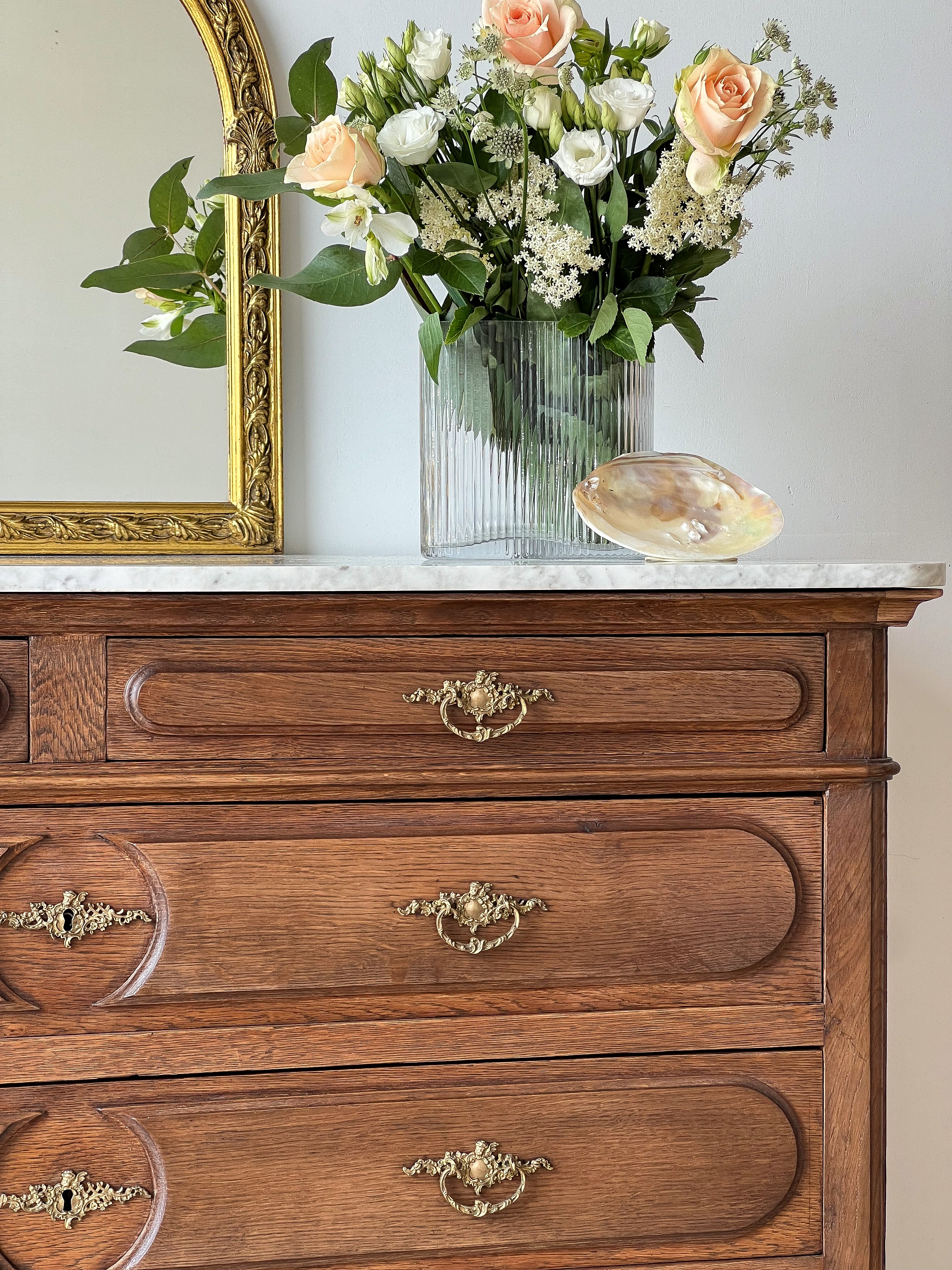 Antique French Solid Oak Chest of Drawers with Marble Top