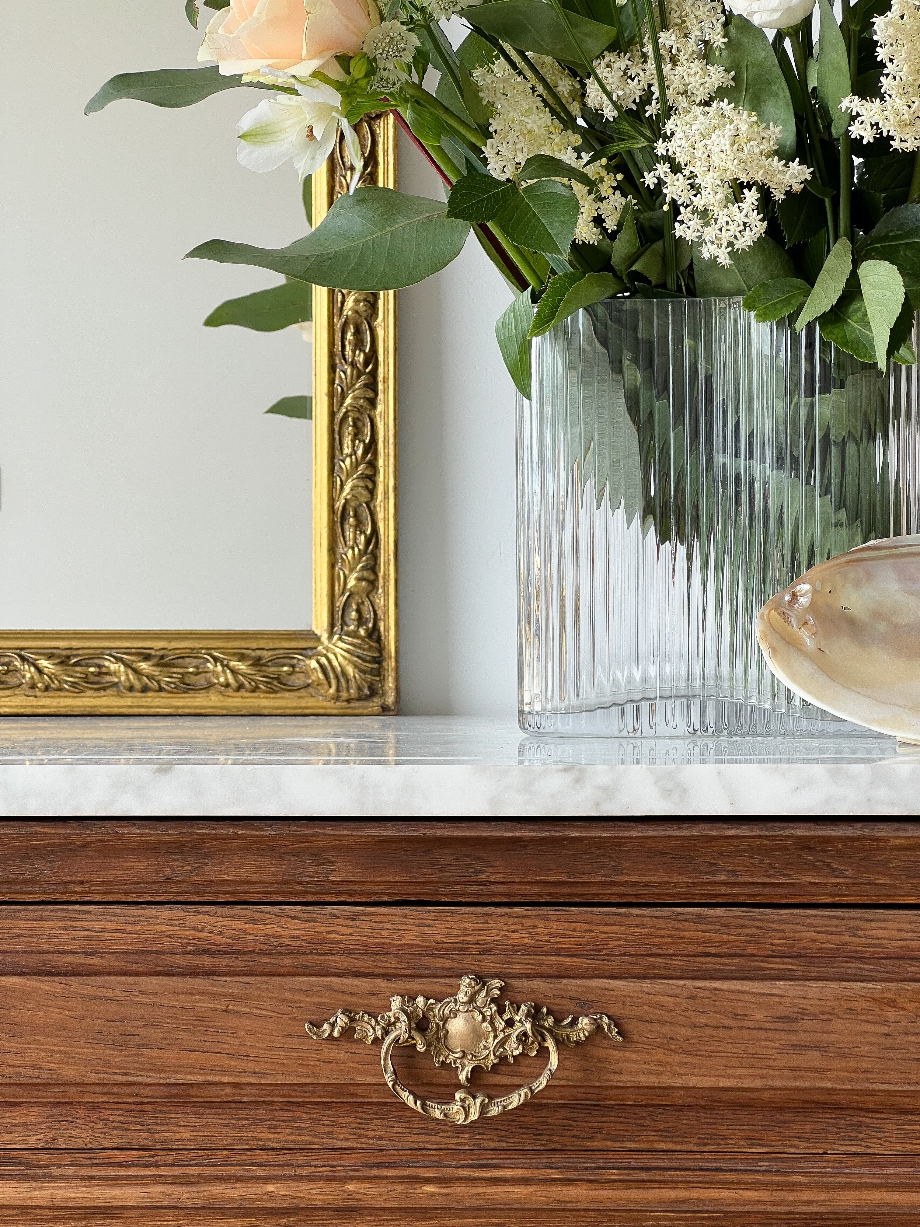 Antique French Solid Oak Chest of Drawers with Marble Top